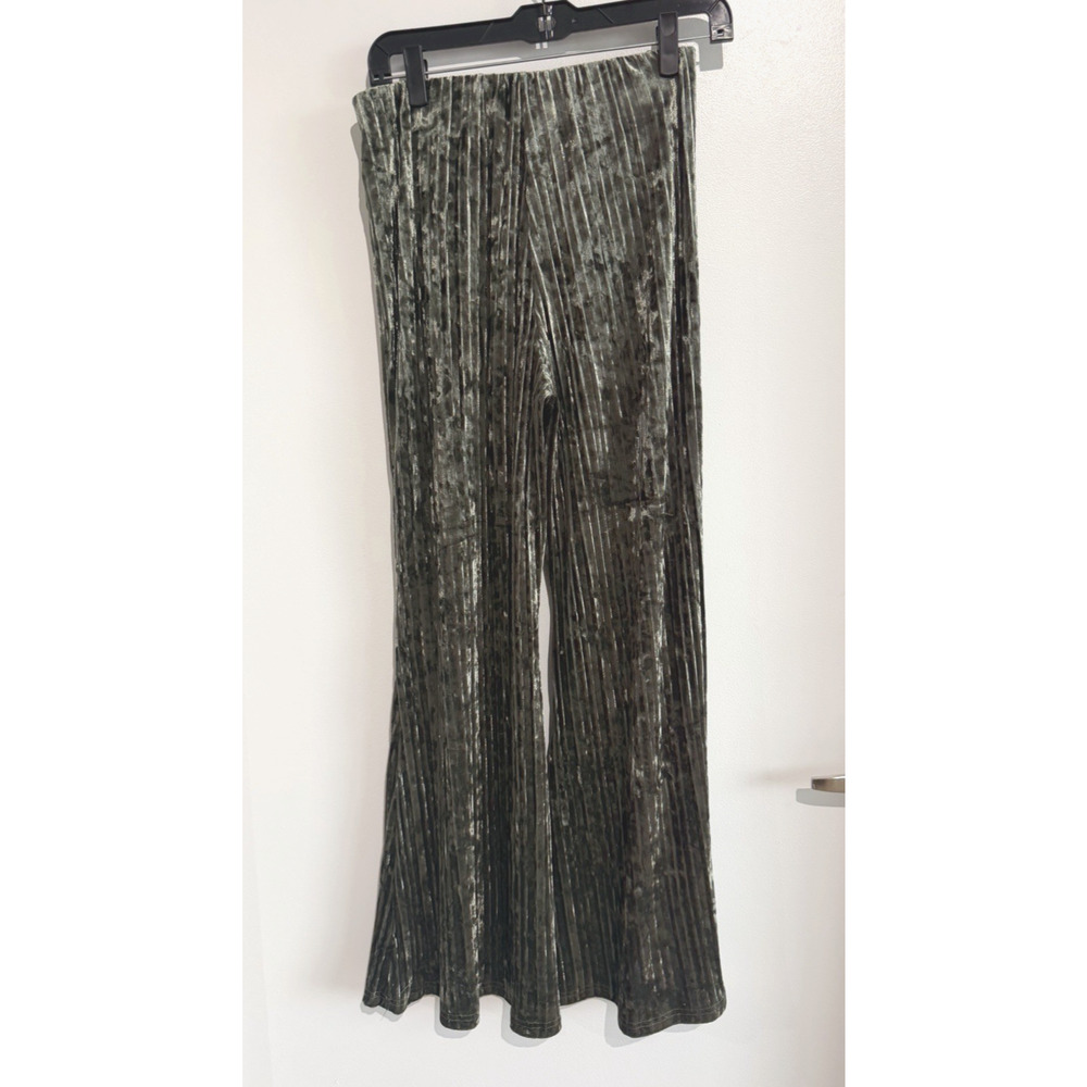 NWT Umgee Olive Green Pleated Crushed Velvet Wide Leg Pants Flare High Waist S - Picture 2 of 13